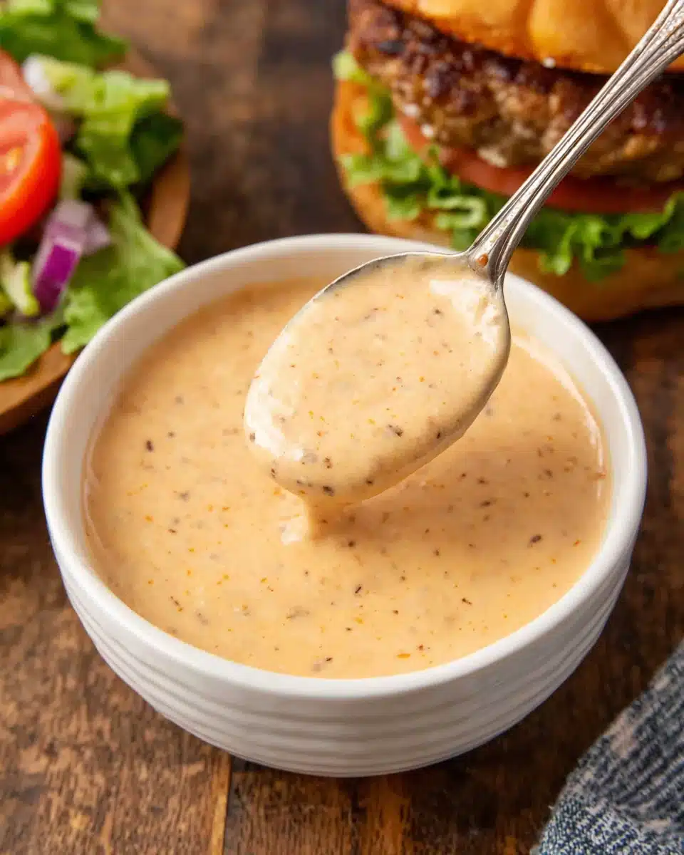 Creamy smash burger sauce in a white bowl with a spoon, burger in background