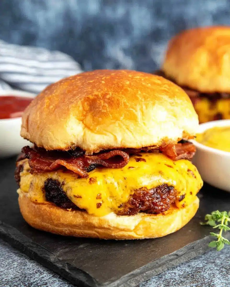Crispy smashed burger with melted cheese and bacon on a brioche bun