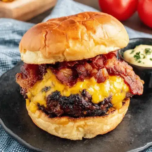 Crispy smashed burger with melted cheese and bacon on a brioche bun