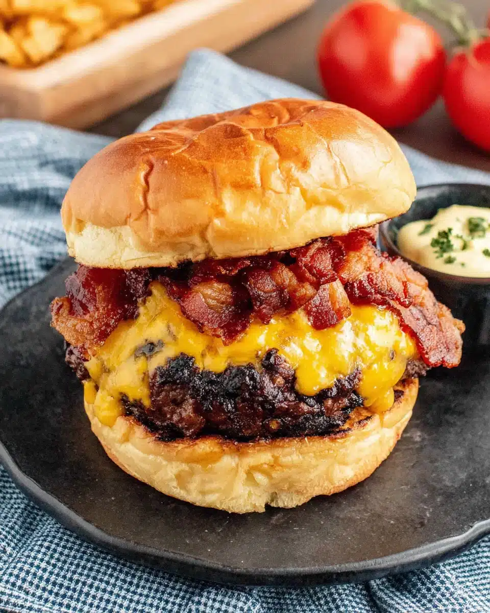 Crispy smashed burger with melted cheese and bacon on a brioche bun