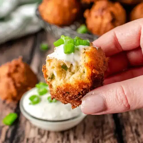 Crispy smoky jalapeno cheddar hush puppy with creamy dipping sauce, perfect appetizer snacks