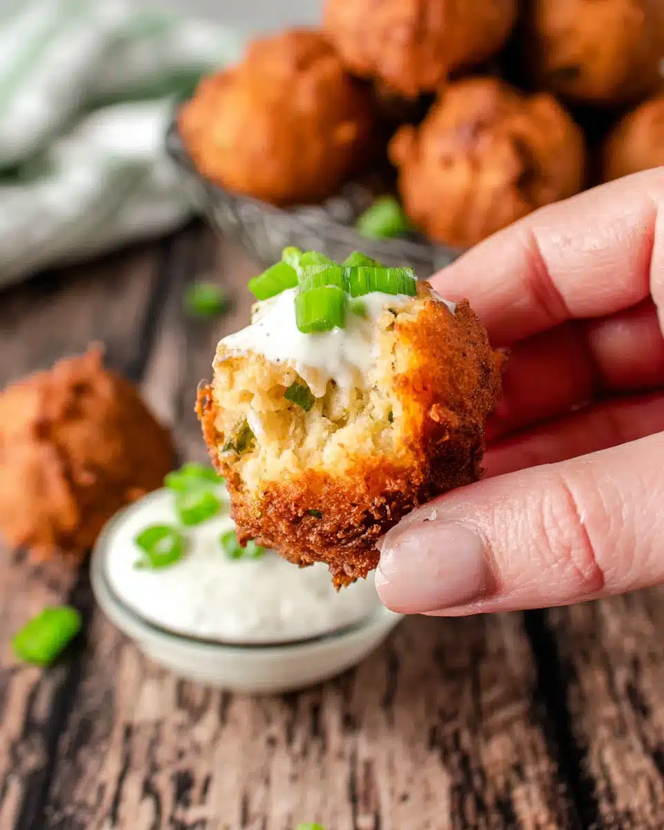Crispy smoky jalapeno cheddar hush puppy with creamy dipping sauce, perfect appetizer snacks