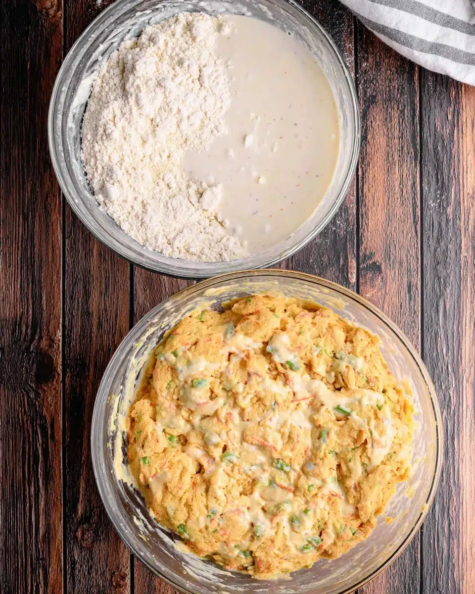 Smoky jalapeno cheddar hush puppy batter in glass bowls, appetizer snacks preparation