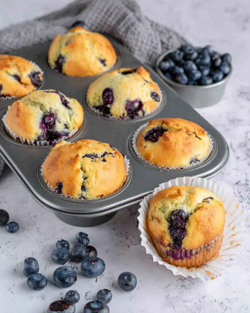 Sourdough Blueberry Muffins in Tin with Fresh Berries Sourdough blueberry muffins in a tin with fresh blueberries scattered around