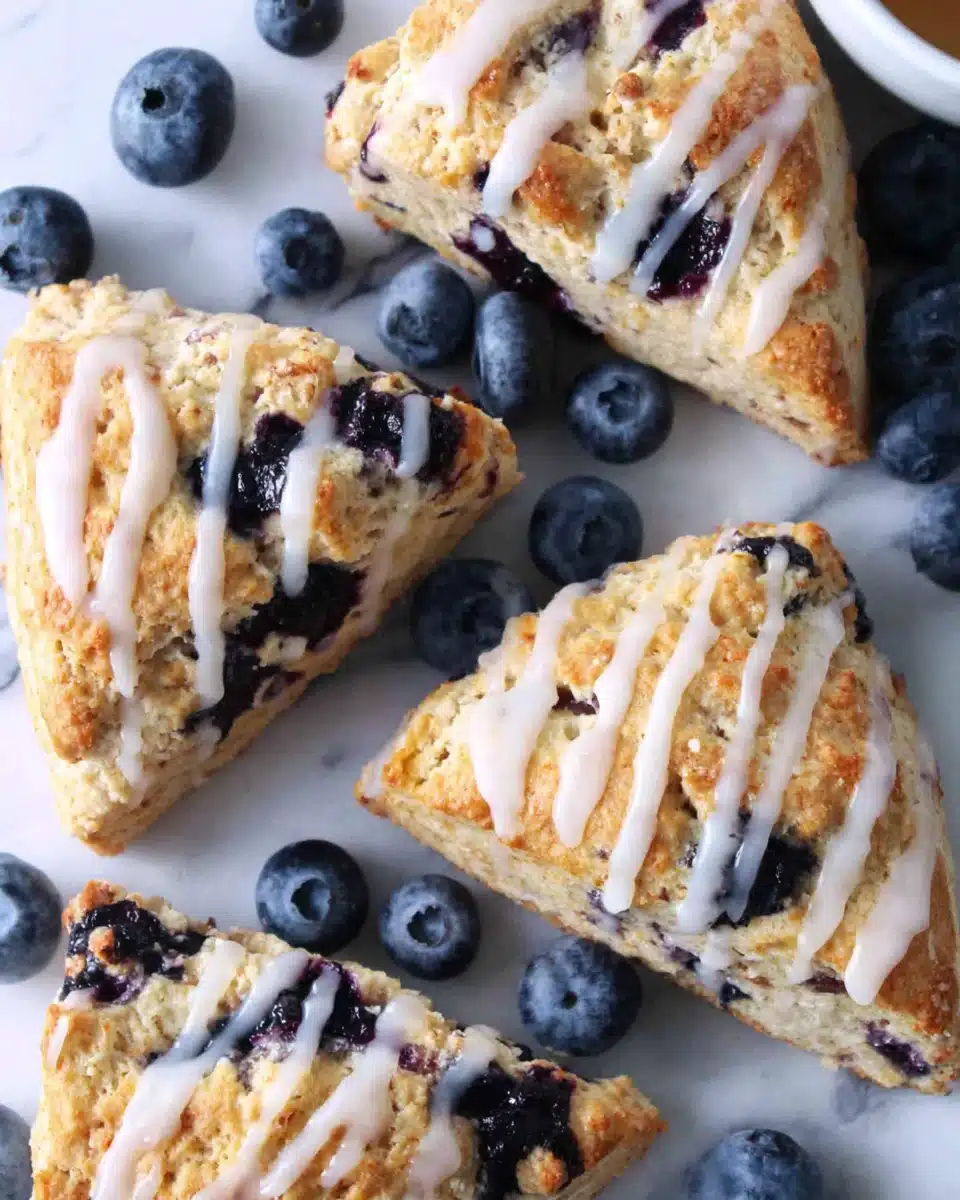 Sourdough blueberry scones with vanilla glaze and fresh blueberries
