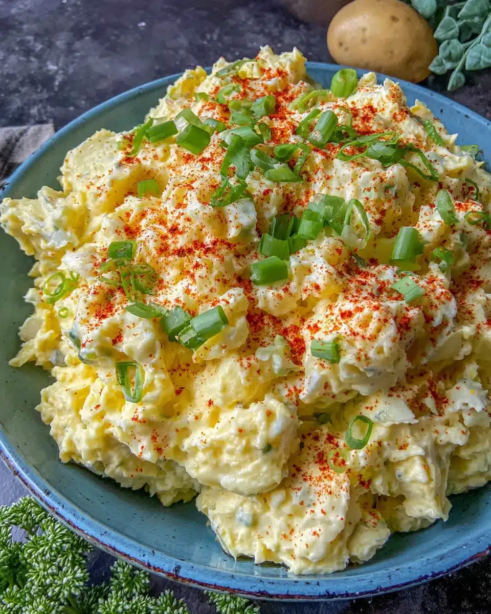 Creamy southern potato salad with hard-boiled eggs, green onions, and paprika