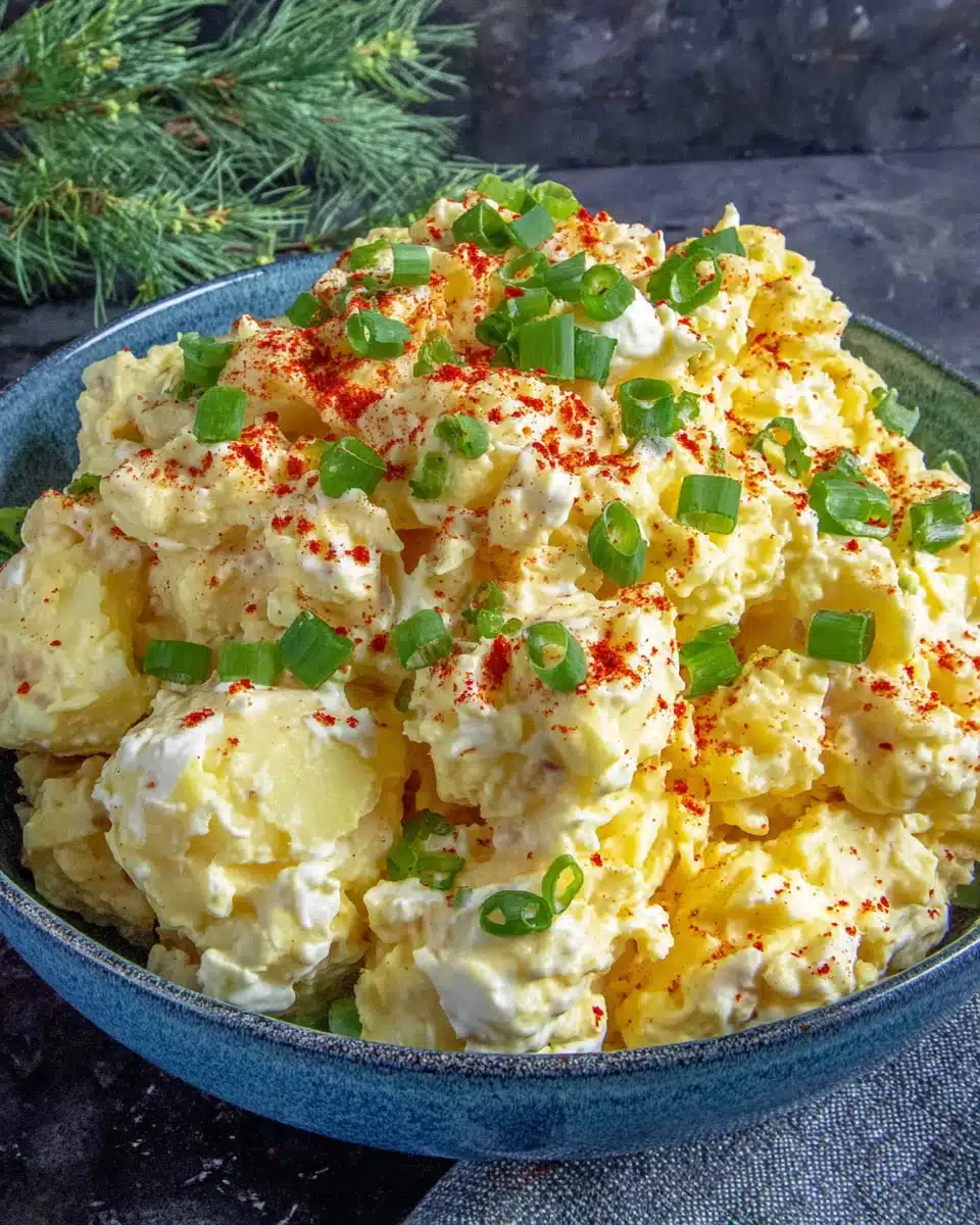 Creamy southern potato salad with hard-boiled eggs, green onions, and paprika.
