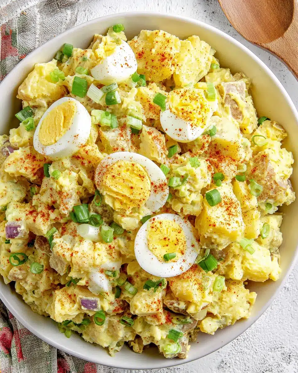 Creamy southern potato salad with eggs and green onions in a white bowl