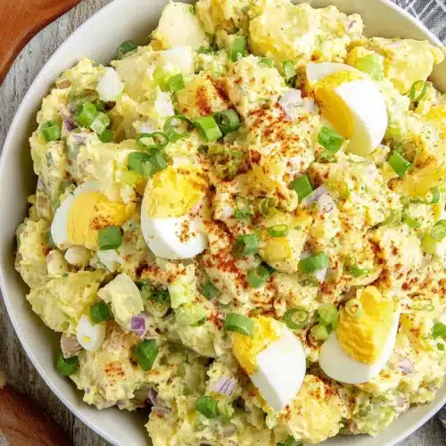 Creamy southern potato salad with eggs and green onions in a white bowl
