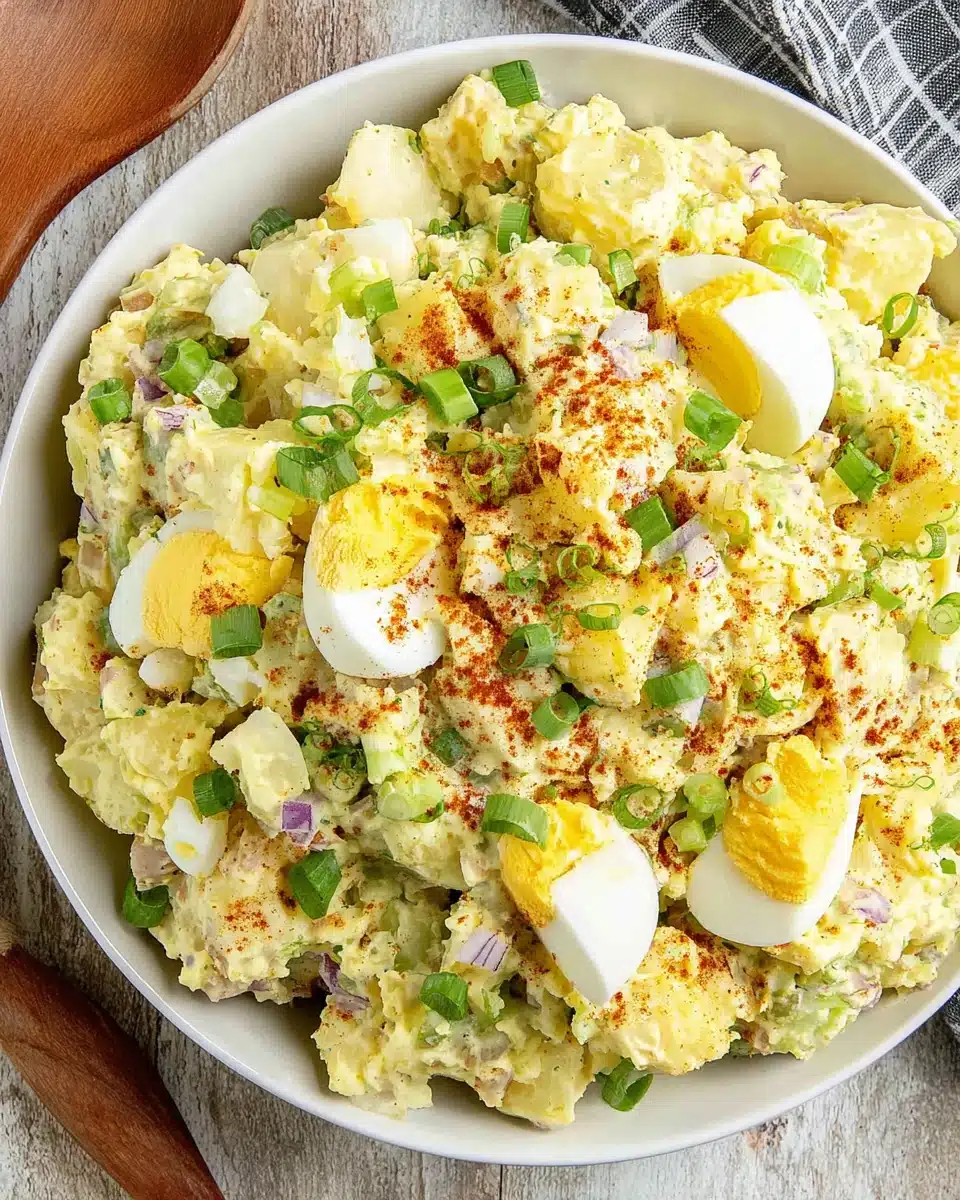 Creamy southern potato salad with eggs and green onions in a white bowl