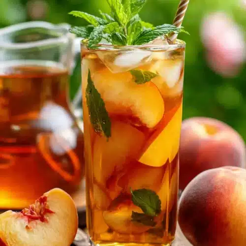 Southern Style Fresh Peach Sweet Tea: Refreshing and Easy 1 Southern style fresh peach sweet tea with peach slices and mint in a glass with ice