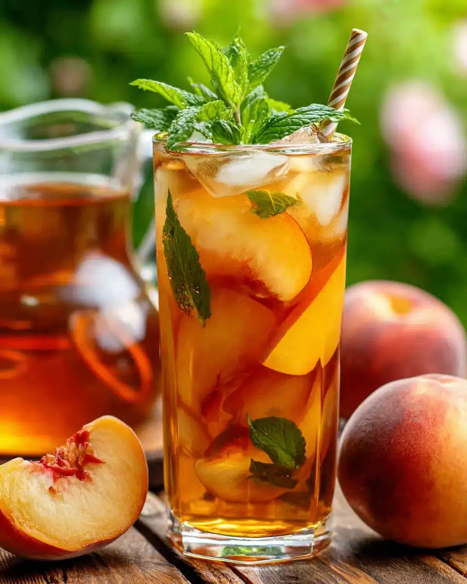 Southern Style Fresh Peach Sweet Tea with Mint and Peach Slices Southern style fresh peach sweet tea with peach slices and mint in a glass with ice