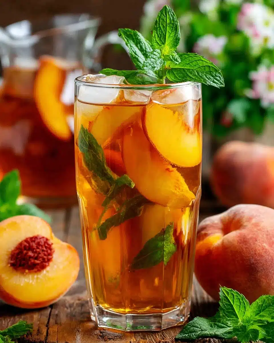 Southern Style Fresh Peach Sweet Tea with Mint and Peach Garnish Southern style fresh peach sweet tea with peach slices and mint in a glass with ice