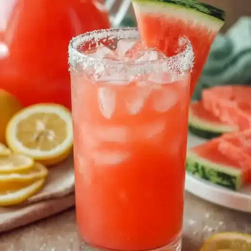 Spiked watermelon lemonade in a glass with ice, watermelon garnish, and salted rim