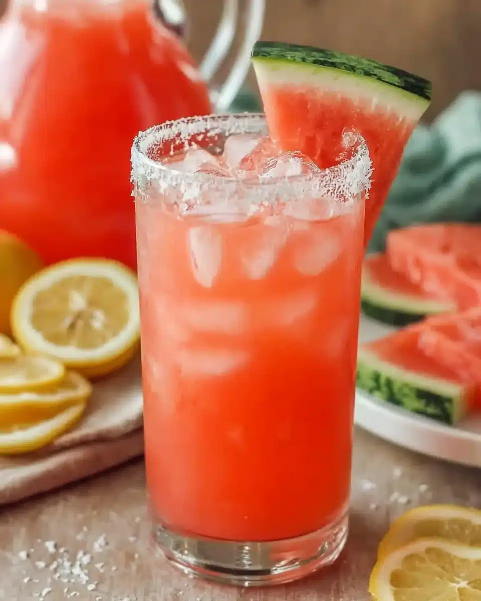 Spiked watermelon lemonade in a glass with ice, watermelon garnish, and salted rim
