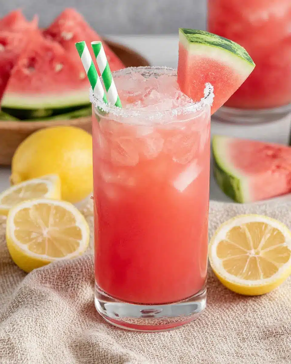 Spiked watermelon lemonade in a glass with ice, watermelon garnish, and striped straw