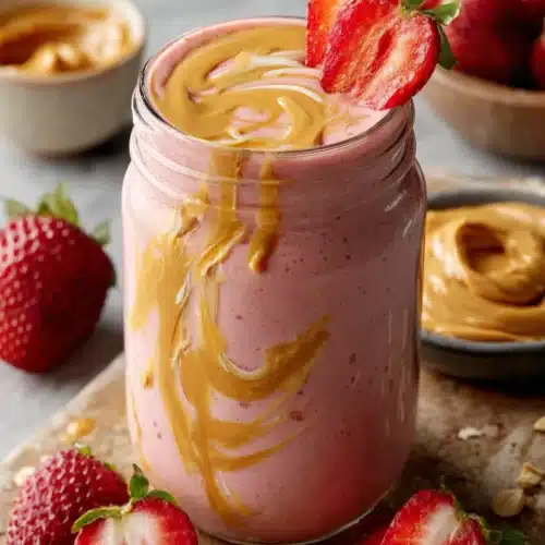 Strawberry banana peanut butter smoothie in a glass with peanut butter swirl and fresh strawberry garnish