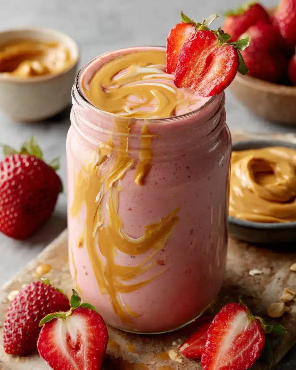 Strawberry banana peanut butter smoothie in a glass with peanut butter swirl and fresh strawberry garnish