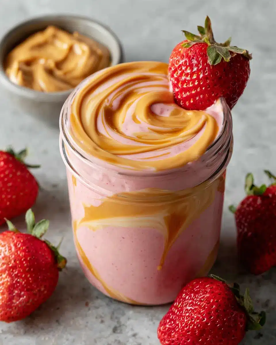 Strawberry banana peanut butter smoothie in a glass with peanut butter swirl and fresh strawberry garnish