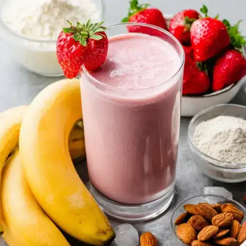Strawberry Banana Protein Smoothie: A Creamy Delight 1 Strawberry banana protein smoothie in a glass with fresh fruit and ingredients around