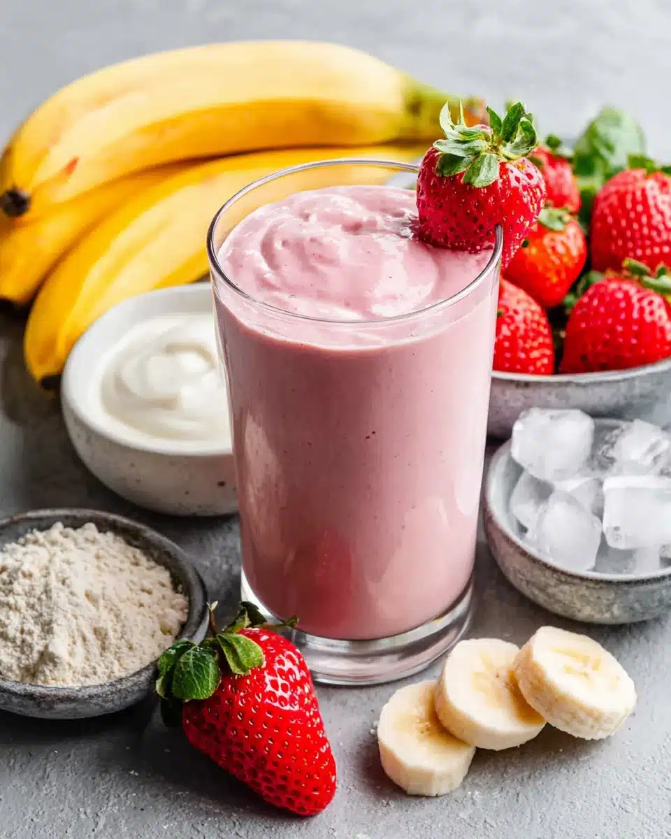 Strawberry Banana Protein Smoothie with Fresh Ingredients Strawberry banana protein smoothie in a glass with fresh fruit and ingredients around