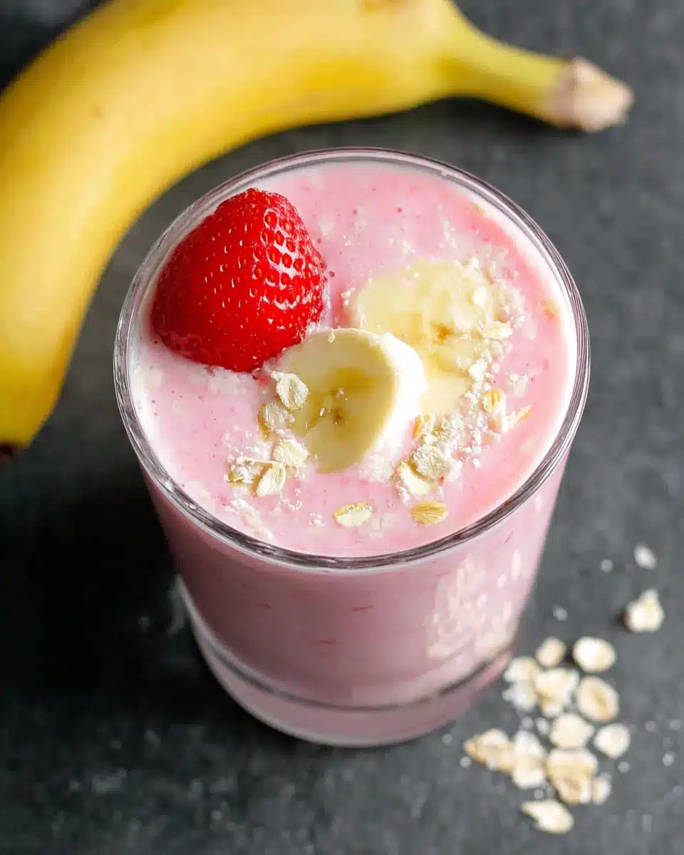 Strawberry banana smoothie with yogurt in a glass, topped with banana slice and strawberry