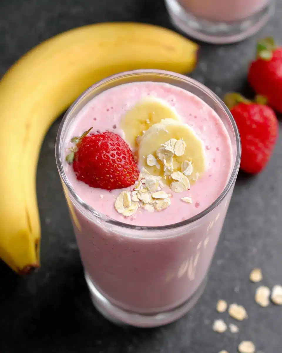 Strawberry banana smoothie with yogurt in a glass, topped with fruit and oats