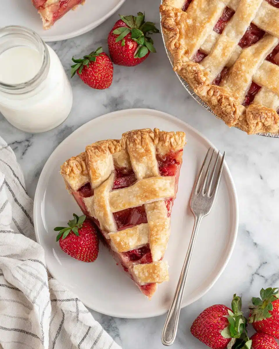 Slice of strawberry pie with lattice crust, fresh strawberries, and milk on marble background