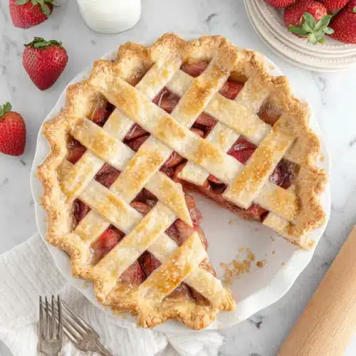 Strawberry pie with lattice crust, slice removed, fresh strawberries, milk bottle