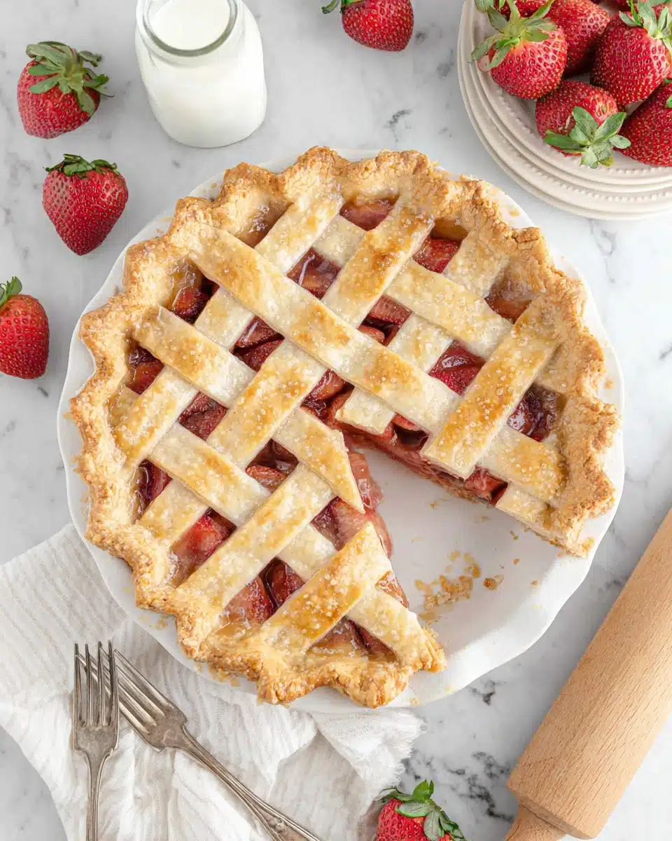 Strawberry pie with lattice crust, slice removed, fresh strawberries, milk bottle