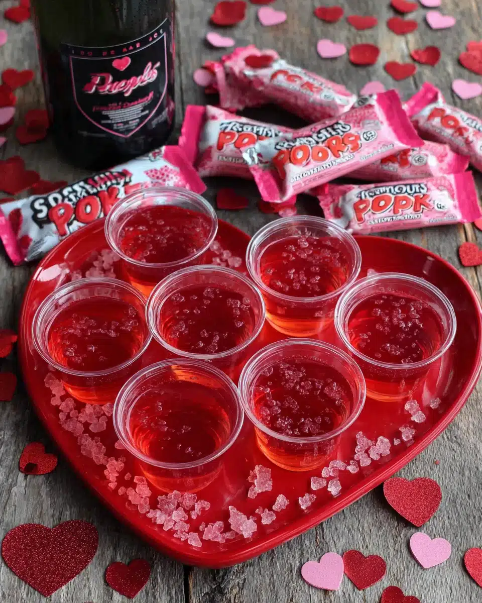 Strawberry pop rock jello shots in heart-shaped tray with Pop Rocks topping