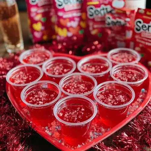 Strawberry pop rock jello shots in red heart tray with Pop Rocks and champagne