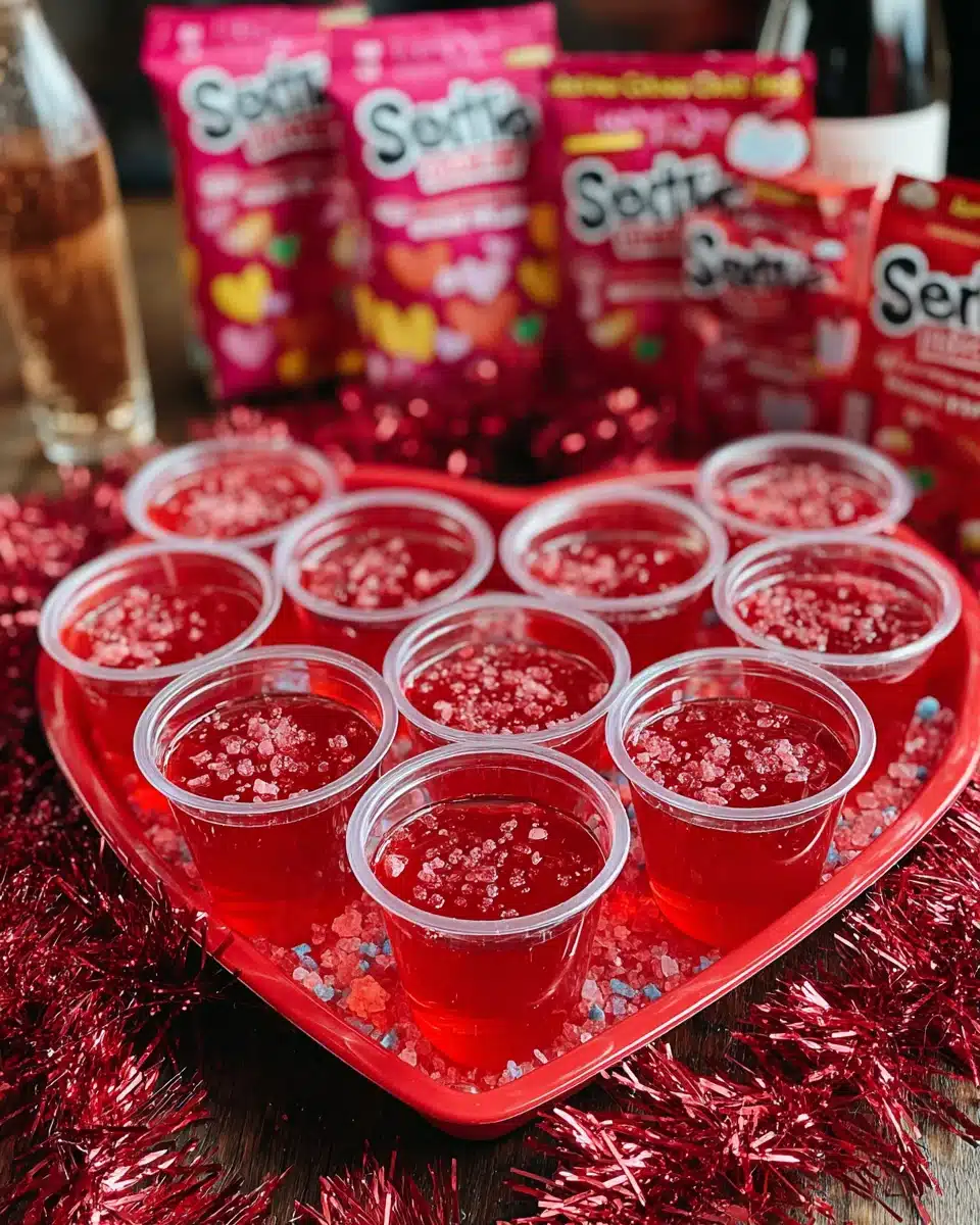 Strawberry pop rock jello shots in red heart tray with Pop Rocks and champagne