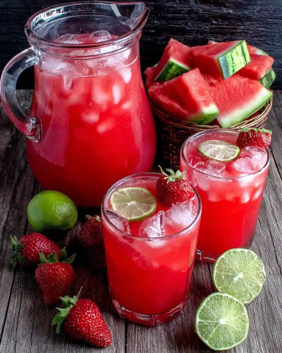 Strawberry Watermelon Agua Fresca with Fresh Fruit Garnish Strawberry watermelon agua fresca in glasses with ice and fruit garnishes