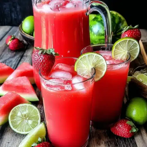 Refreshing Strawberry Watermelon Agua Fresca Recipe 1 Strawberry watermelon agua fresca in glasses and pitcher with fresh fruit garnish