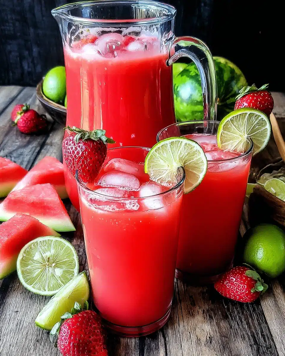 Strawberry Watermelon Agua Fresca with Fresh Fruit Garnish Strawberry watermelon agua fresca in glasses and pitcher with fresh fruit garnish