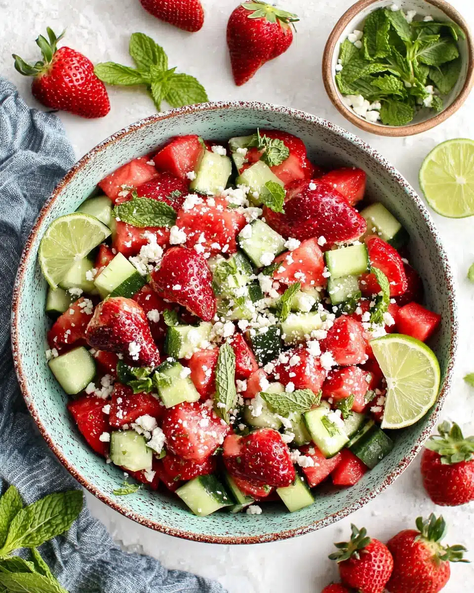 Strawberry watermelon cucumber salad with feta and mint in a ceramic bowl