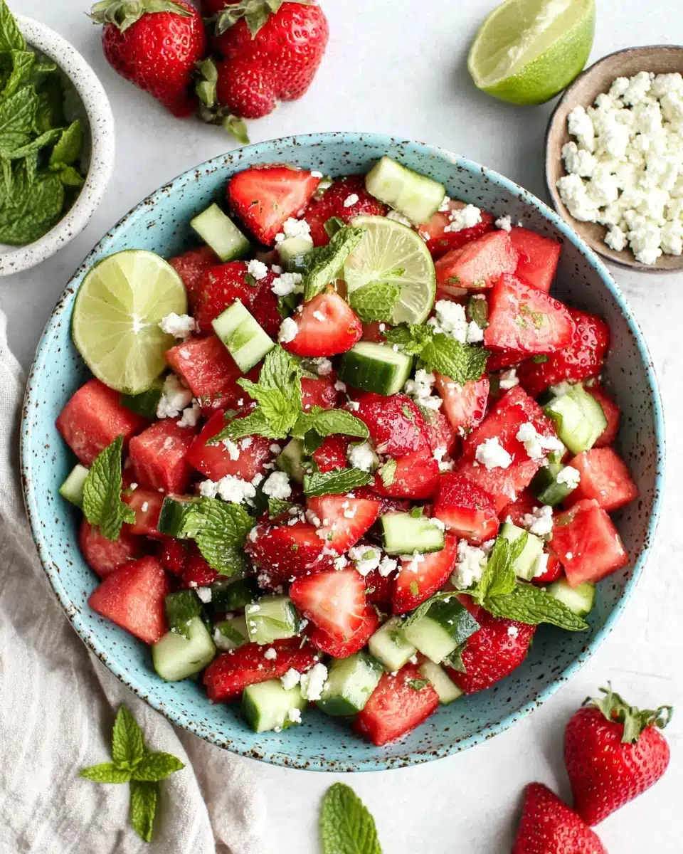 Strawberry watermelon cucumber salad with feta and mint in a ceramic bowl