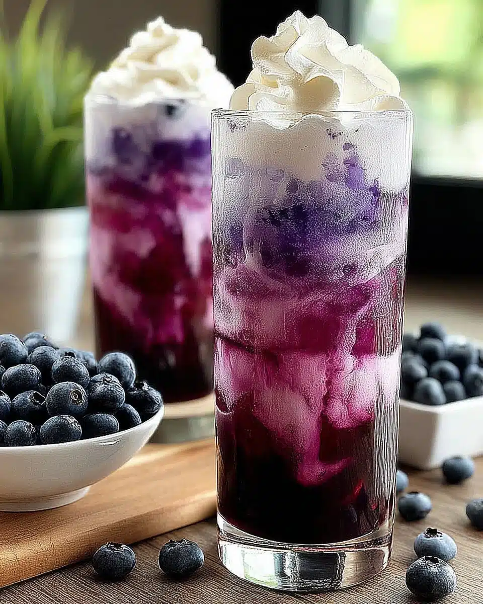 Sugar free blueberry italian cream soda with whipped cream and fresh blueberries