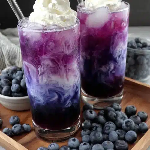 Sugar free blueberry italian cream soda in tall glasses with whipped cream and fresh blueberries