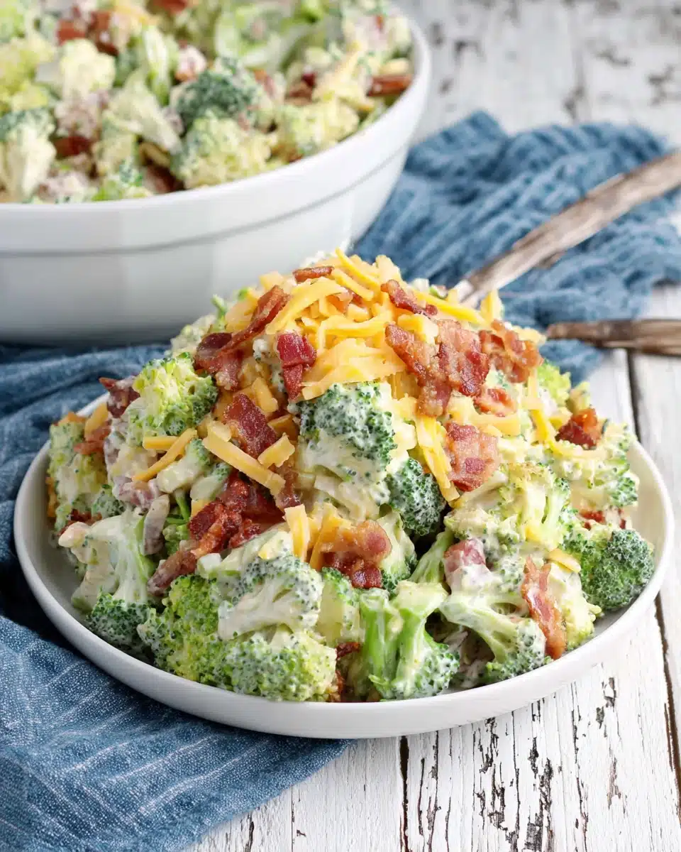 Tasty Ruby Tuesday Broccoli Salad with Bacon and Cheese Tasty Ruby Tuesday broccoli salad with bacon and cheese on a white plate