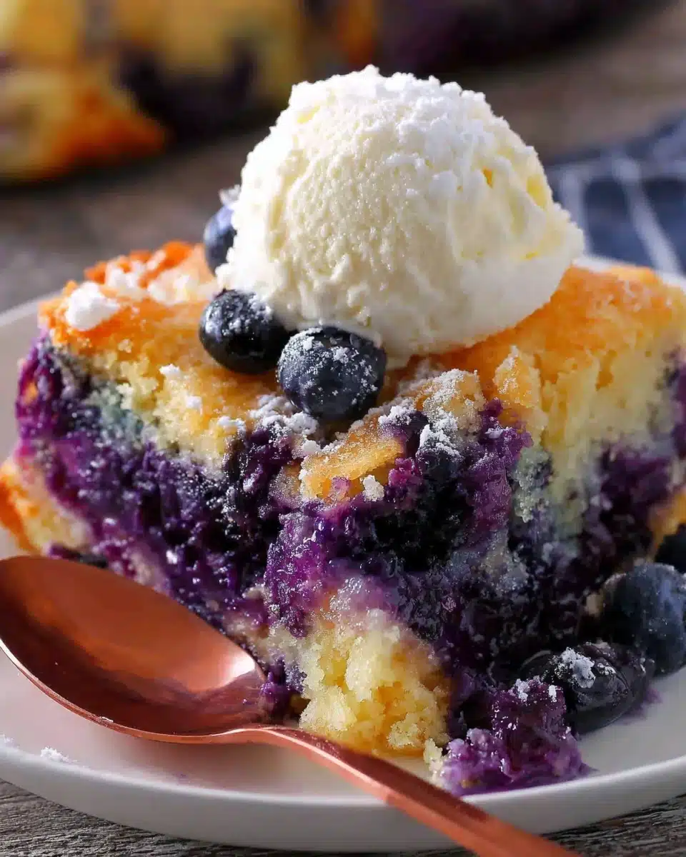 Texas-Style Blueberry Cobbler with Vanilla Ice Cream Texas-style blueberry cobbler with vanilla ice cream and copper spoon
