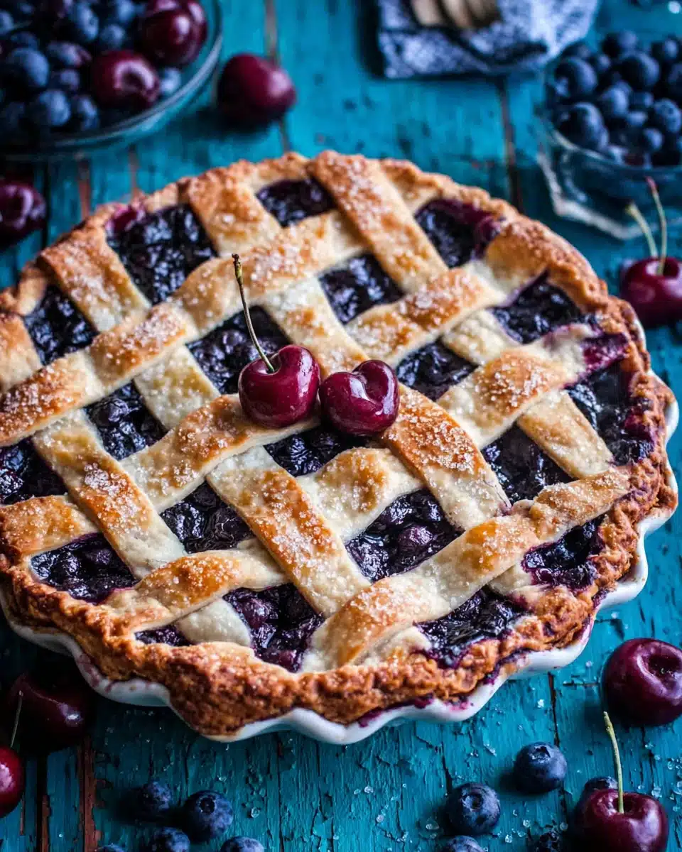 Vanilla bourbon cherry-blueberry pie with lattice crust and fresh berries