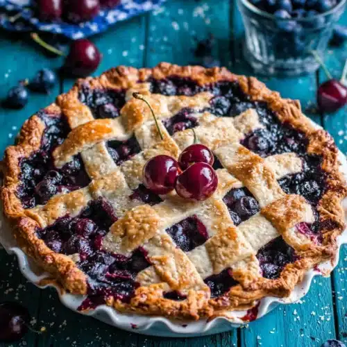 Vanilla bourbon cherry-blueberry pie with lattice crust and fresh berries
