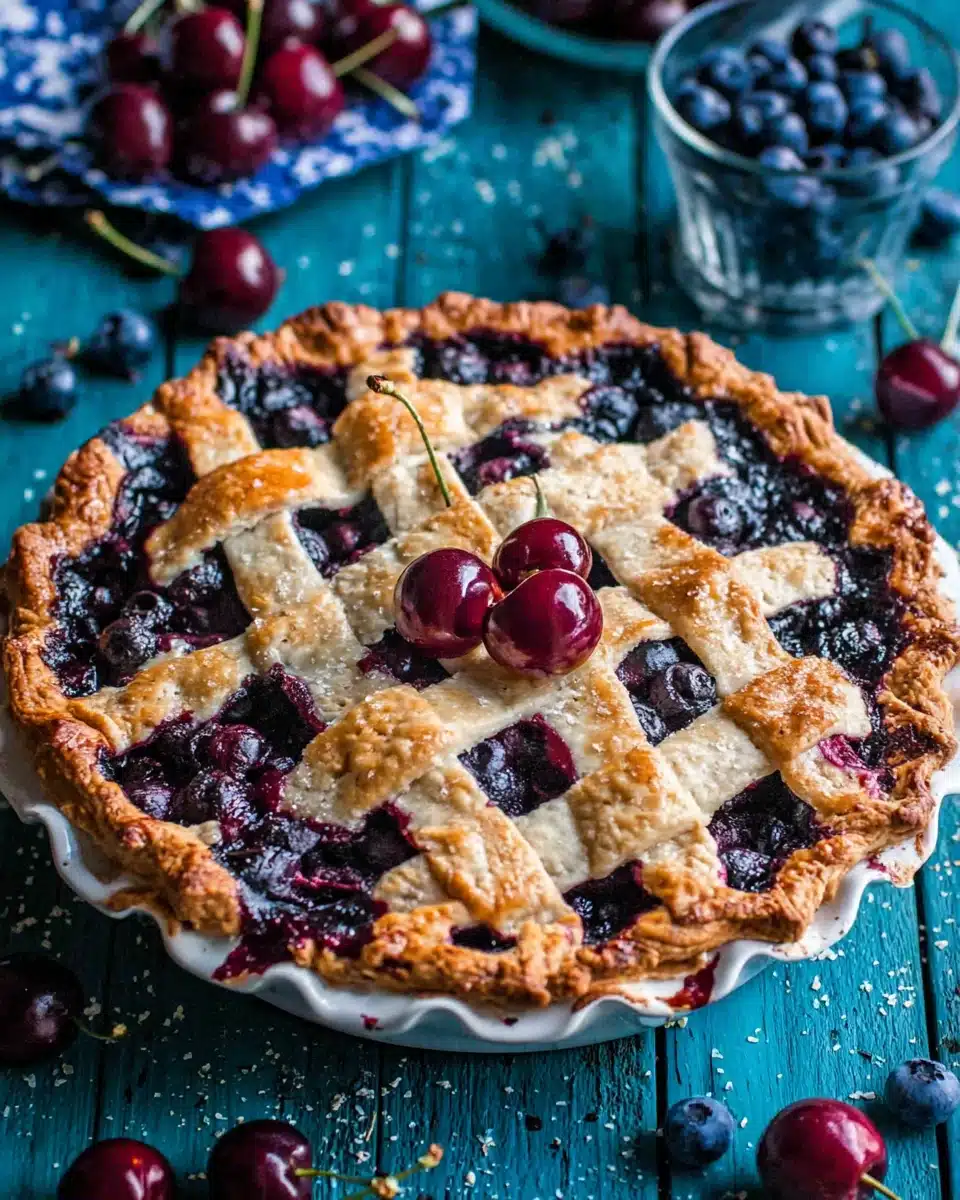 Vanilla bourbon cherry-blueberry pie with lattice crust and fresh berries
