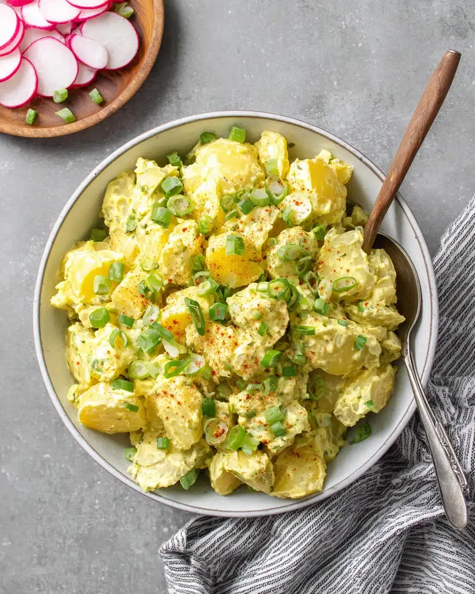 Creamy vegan potato salad with green onions and paprika in a bowl
