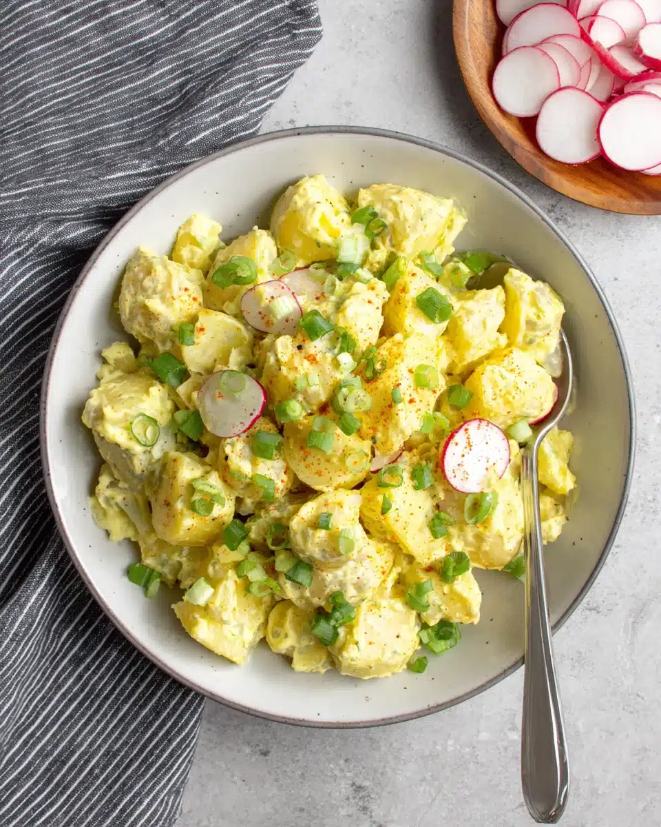 Creamy vegan potato salad in a bowl with green onions and paprika, served with radishes
