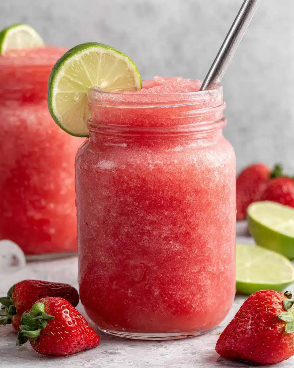 Watermelon and strawberry slushie in a glass jar with lime garnish