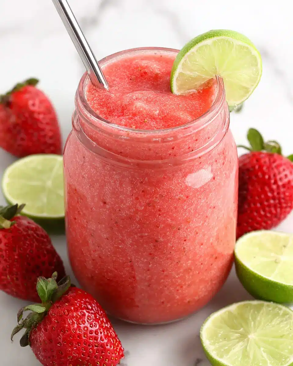 Watermelon and strawberry slushie in a jar with lime garnish and fresh fruit around