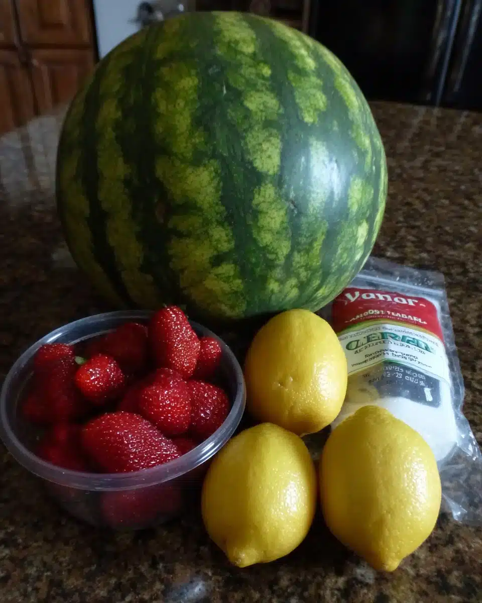 Fresh watermelon, strawberries, lemons, and sugar for watermelon and strawberry lemonade drink